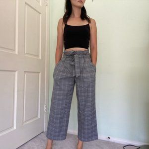 Paper Bag Plaid Wide Leg Cropped Pants